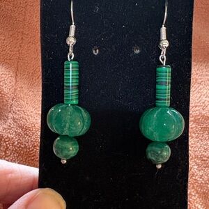Hand Crafted Stone Malachite and Carved Glass Earrings